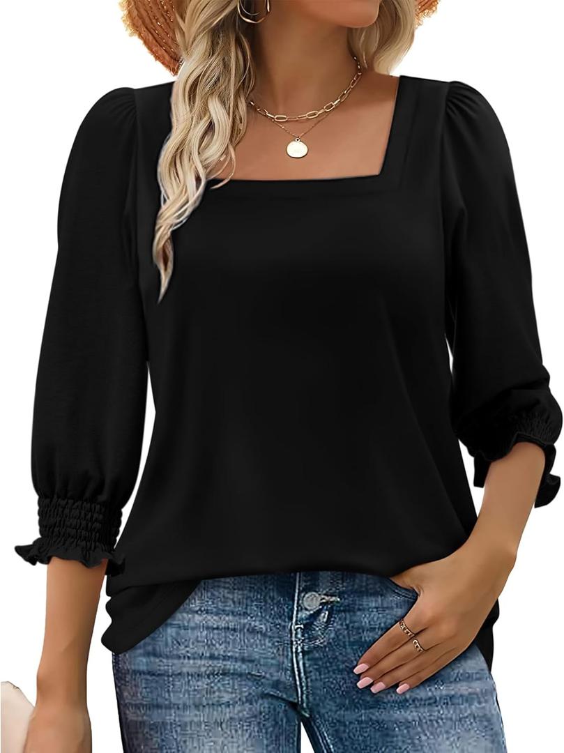 Women Dressy Shirt 3/4 Sleeve Blouse Casual 2025 Fall Fashion Top Square Neck Pleated Loose Fit Business Basic Top (Black, S)
