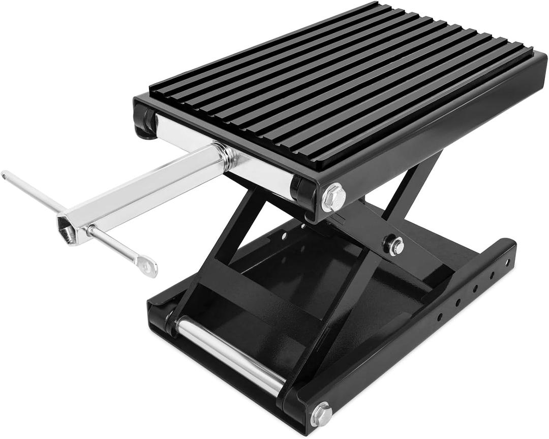1300 LBS Motorcycle Jack, Thickened 0.48" Rubber Pad Motorcycle Lift, Upgraded Anti-Slip Bottom Dirtbike Stand, Carbon Steel Motorcycle Center Stand with Wide Deck, Chain Brush, T-Handle for ATV Black