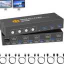 HDMI KVM Switch 4 Computers 2 Monitors with 3 USB3.0 Ports, 4K@60Hz Dual Monitor KVM Switch 4 Port for 4 PCs Share 2 Monitors, Support Button Switch, Adaptive EDID, 4 in 2 Out