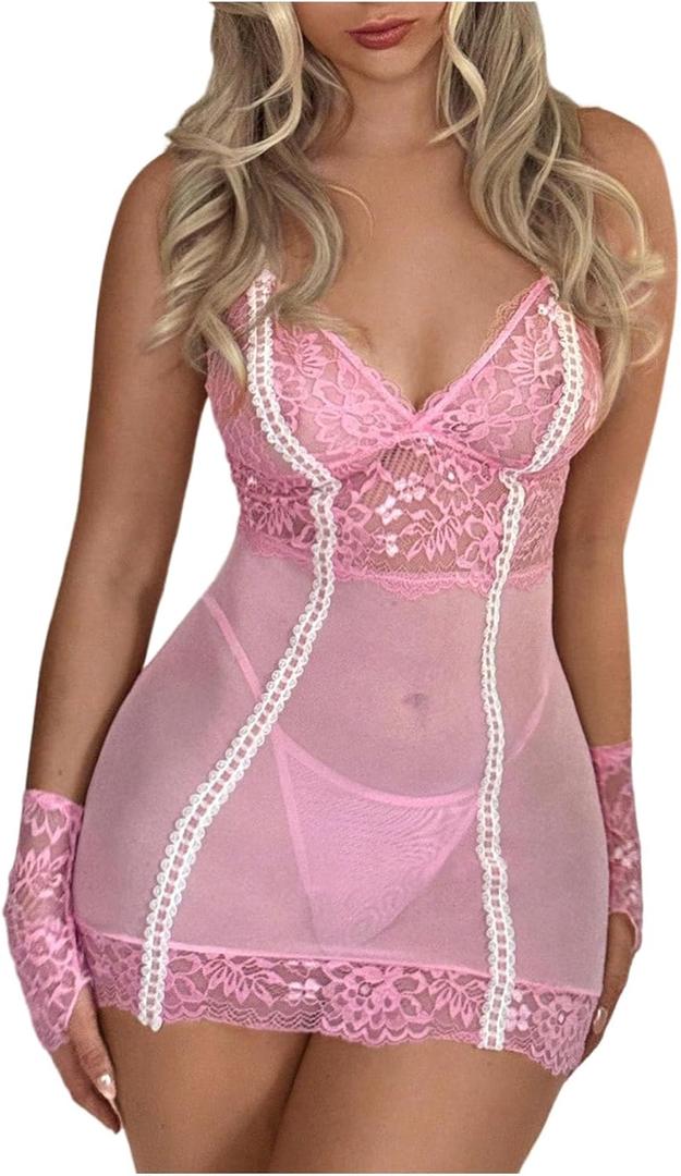 SOLY HUX Women's Lace Babydoll Lingerie Deep V Neck Cami Nightwear Thongs Set with Arm Sleeves 4 Piece Medium