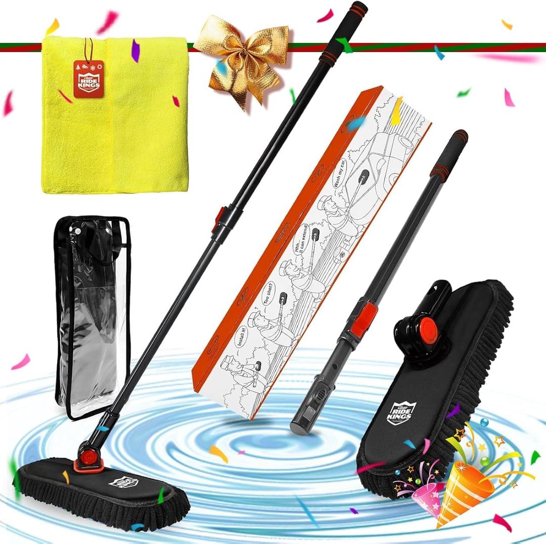 Car Wash Kit,Chenille Microfiber Car Cleaning Brush with Long Handle,Car Wash Supplies Exterior Scratch Free,1PC Microfiber Cleaning Cloth 16"*16",for Boat Truck RvWindshield Cleaning Tool - Black