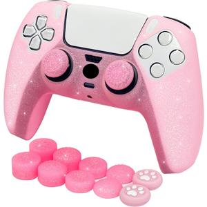 Pink Glitter Anti-Slip Protective Silicone Cover Skin Grips Compatible with PS5/Slim/Pro Controller,8 PCS Glitter Thumb Grips Caps and 2 Grips Caps. (Glitter Pink)