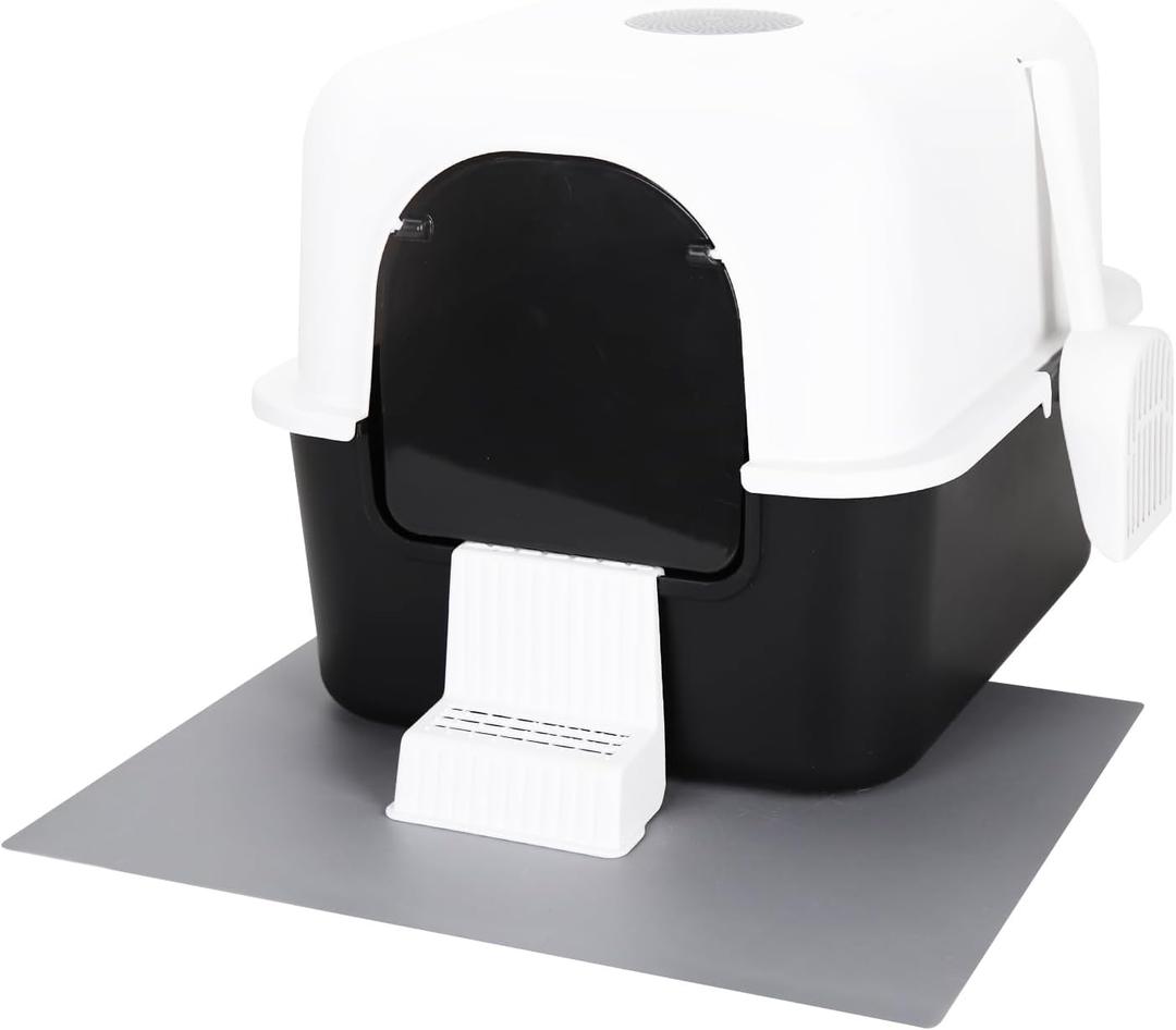 Cat Litter Box with Lid, Fully Enclosed Splash-Proof Litter Box,Top Entry Cat Litter Box, Easy to Assemble and Installation (Black with Handle, Large)
