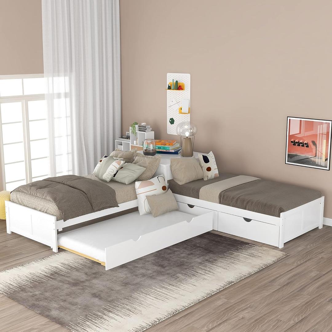 Merax L-Shaped Platform Bed with Trundle, Drawers and Built-in Desk, Wood Bed for Teens, L Shaped Twin Bed, White