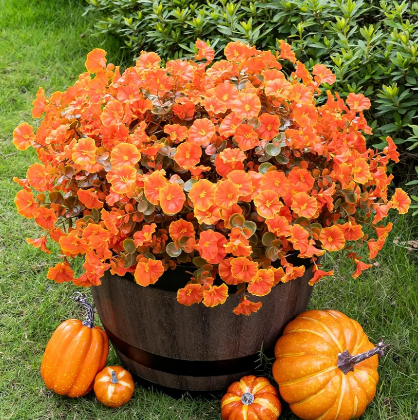 Lnoicy Artificial Fall Mums 12 Bundles Eucalyptus Fake Flowers for Planter,Fake Morning Glory for Halloween Home/Porch/Garden Decoration (Fall Orange)