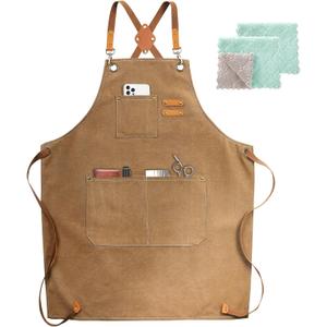 Chef Apron, Cotton Canvas Cross Back Apron with Pockets for Women and Men,Adjustable Strap and Large Pockets Apron,Kitchen Cooking Baking Bib Apron (Cappuccino Brown)