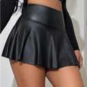 OYOANGLE Women's Pu Leather Elastic High Waist Skorts Ruffle Hem Casual Flared Skirt Shorts (Black, XL)