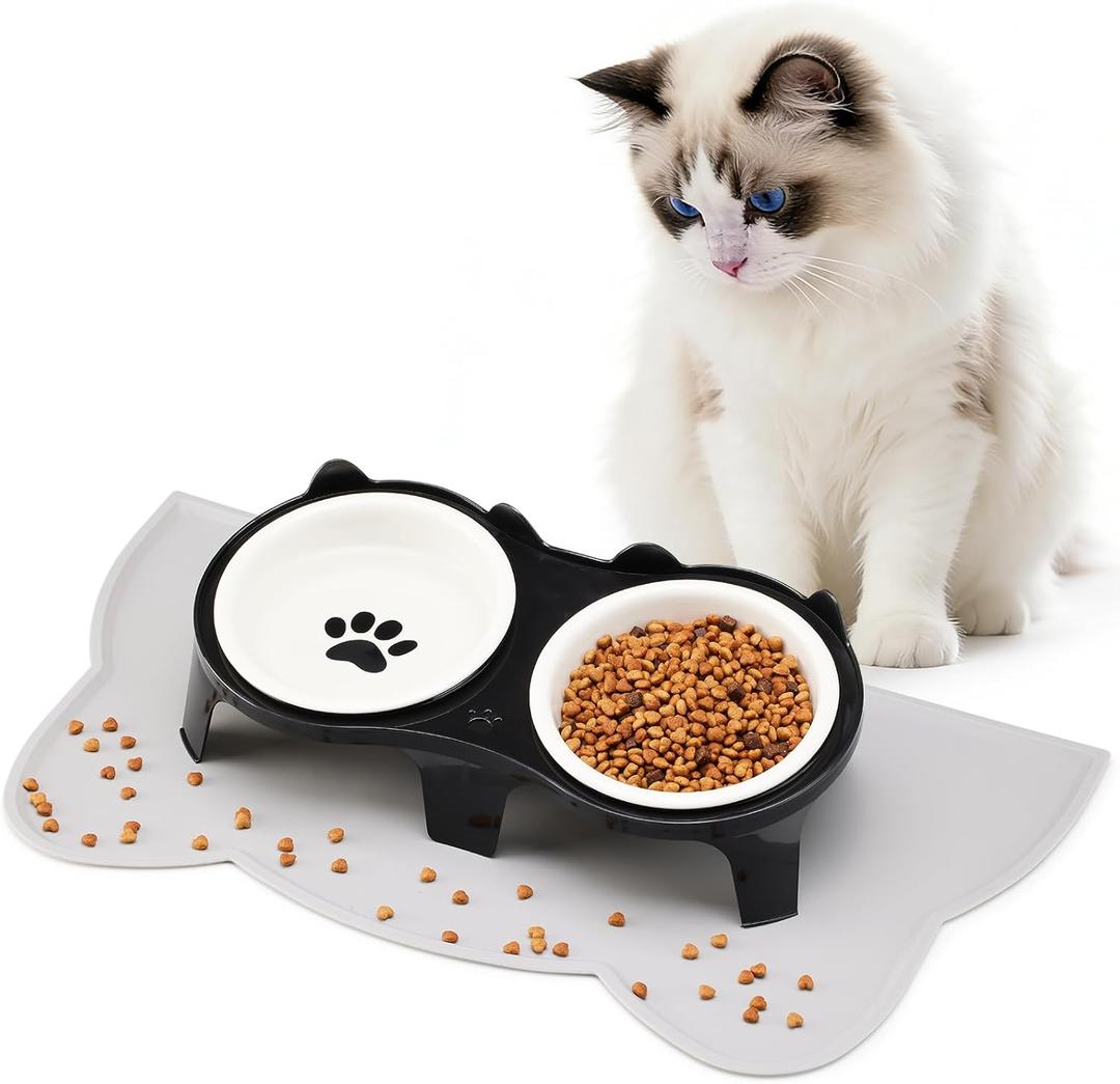 Ceramic Elevated Cat Bowls Kitty Bowls - 15 Tilt Anti-Vomiting, Silicone Mat Included, Whisker Friendly for Indoor Cats & Small Dogs (2-Pack) (Black)