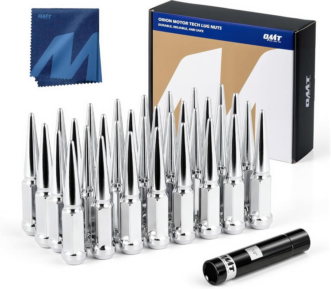 Orion Motor Tech M14x1.5 Spike Lug Nuts, 14mmx1.5 Wheel Lug Nuts Compatible with Chevy Silverado Express, Ram 2500 3500, Ford F250 F350, GMC Sierra Yukon Savana, Spike Lug Nut Set, Set of 32, Chrome