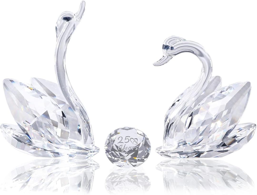 YWHL 25th Anniversary Crystal Swan Gifts for Wife, 25 Year Wedding Anniversary for Couple, Swan Figurine with Silver Diamond, Romantic Gifts Birthday Gift for Her Him (Silver)