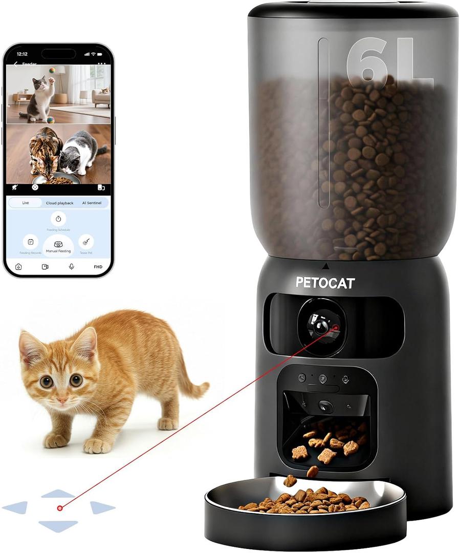 PETOCAT AI Automatic Cat Feeder with 2K HD Dual Cameras,5G&2.4G Wi-Fi 6L Cat Food Dispenser with Cats Recognition& Diet Tracking, Laser Interactive Toy & Two-Way Audio