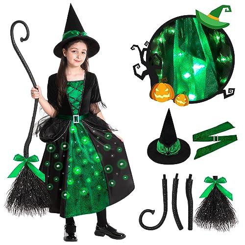 Poshetion Witch Halloween Costume for Girls - Toddler Light Up Dress with Witch Broom and Hat, Glow in the Dark for Wicked Parties (Green, Small) 5-7