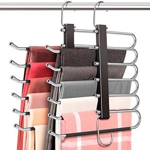 HUITEM 4 Pack 6-Tier Space Saving Pant Hangers, Anti-Slip, Lightweight, Stainless Steel, Black, 6 Pairs Jeans Hangers