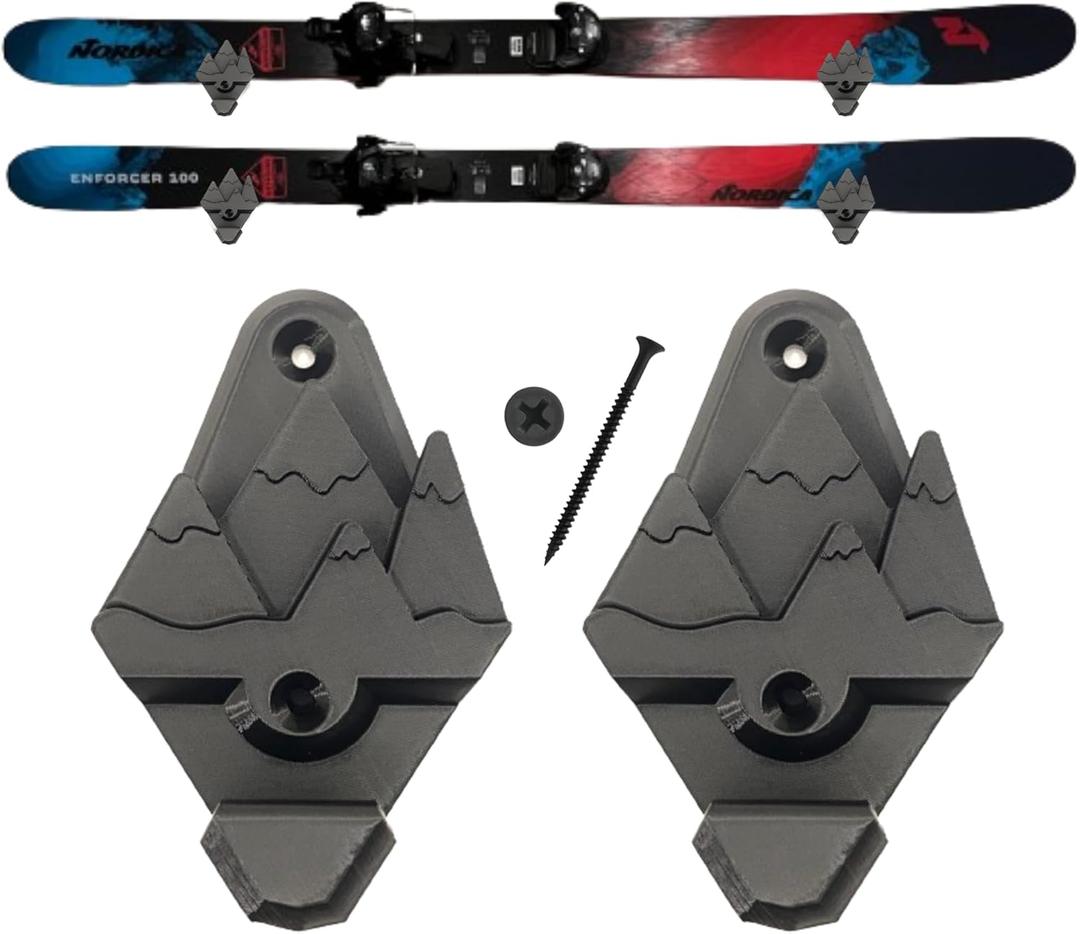 Snow Ski Wall Mounts with Gear Hooks (Black)  Heavy-Duty Ski Rack for Wall Display & Storage  Space-Saving Organizer & Winter Sports Wall Art