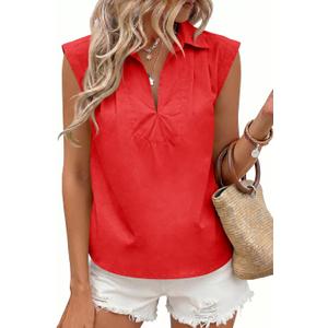 Tankaneo Womens Summer V Neck Tank Tops Collared Sleeveless Shirts Trendy Casual Loose Fit Blouse (Red, M)