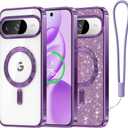 Meifigno Designed for Google Pixel 10/10 Pro Case 6.3", [Glitter Card & Wrist Strap][Compatible with MagSafe] Transparent Back and Electroplated Edges for Pixel 10 Pro Case/Pixel 10 Case, Purple
