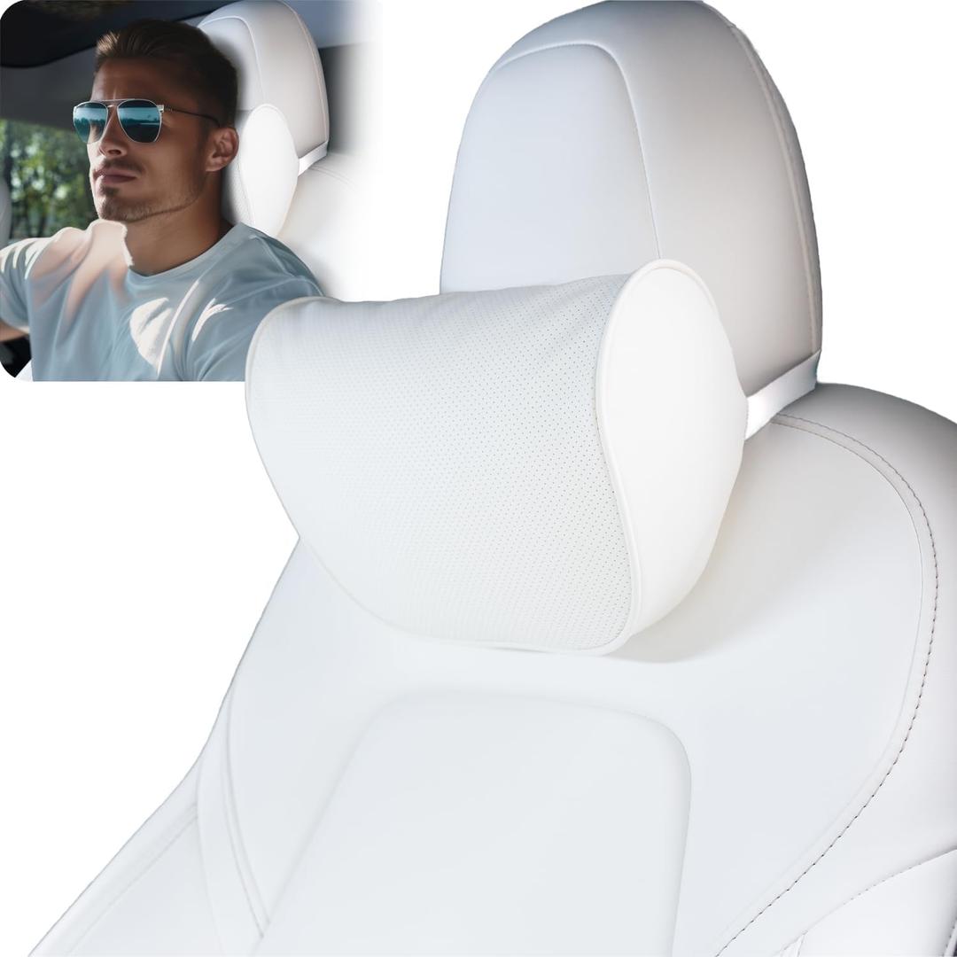 HOPON 2025 Upgrade Headrest Pillow for Tesla Model 3 Model Y with Adjustable Strap,Fits All Vehicles,Car Neck Pillow with Leather,for Head,Neck,Shoulders,Multipurpose,Car Accessories 1 Pack (White)