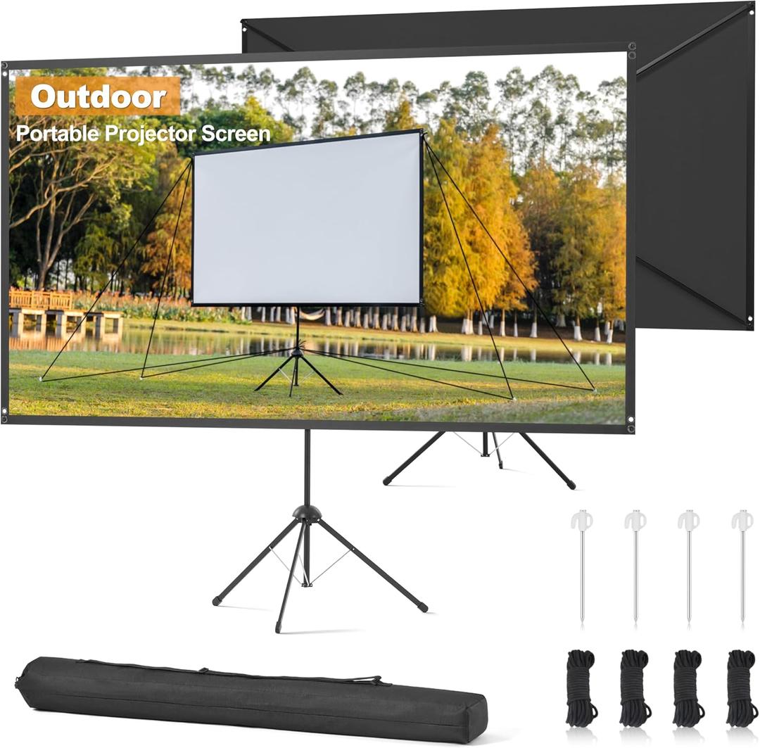 Outdoor Projector Screen 120 Inch, 16:9, High Gain, Projector Screen with Stand, Wind-resistant Design for Portable Projection Screen Outdoor, With Ropes and Spikes, 4K Image for Home Theater, Camping
