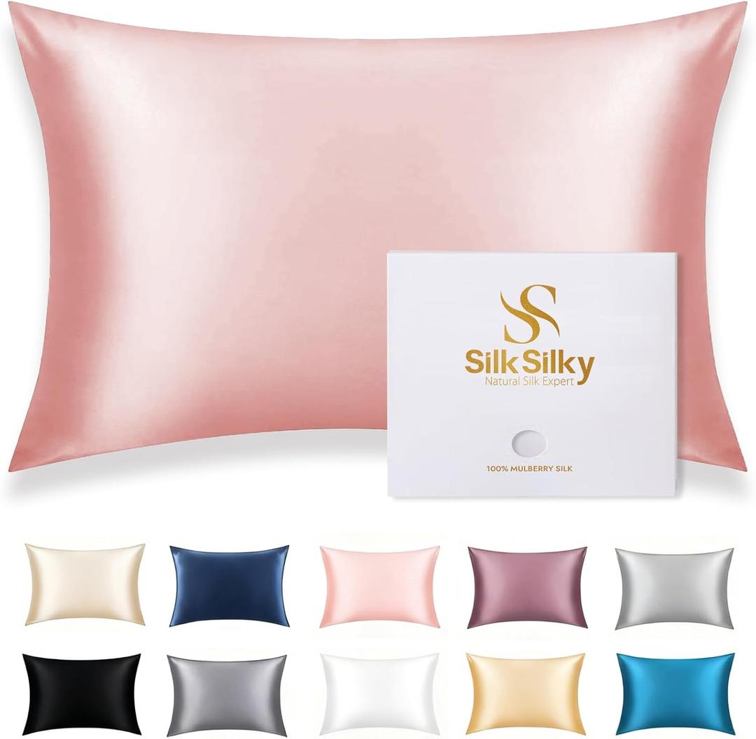 SilkSilky 100% Mulberry Silk Pillowcase - Pure 22 Momme High-Grade 6A Fibers for Hair & Skin, Hidden Zipper, Natural, Organic, Breathable & Cooling Pillow Case (Standard 20''x26'', Pink)