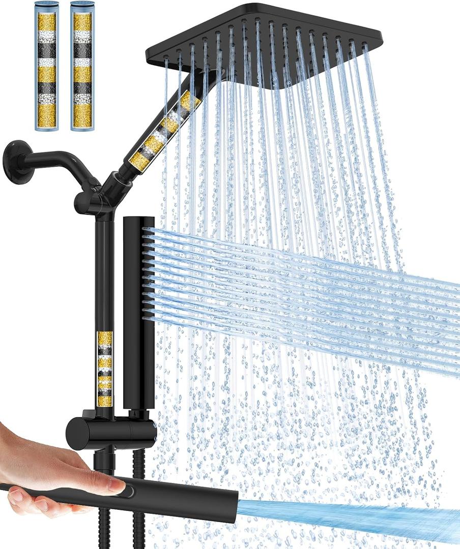Filtered Shower Head with Handheld Combo High Pressure Shower Head with Filters 10 Inch Rain Shower Head Height Adjustable Dual Water Softener Shower Head for Hard Water - Removes Chlorine (Premium Matte Black)