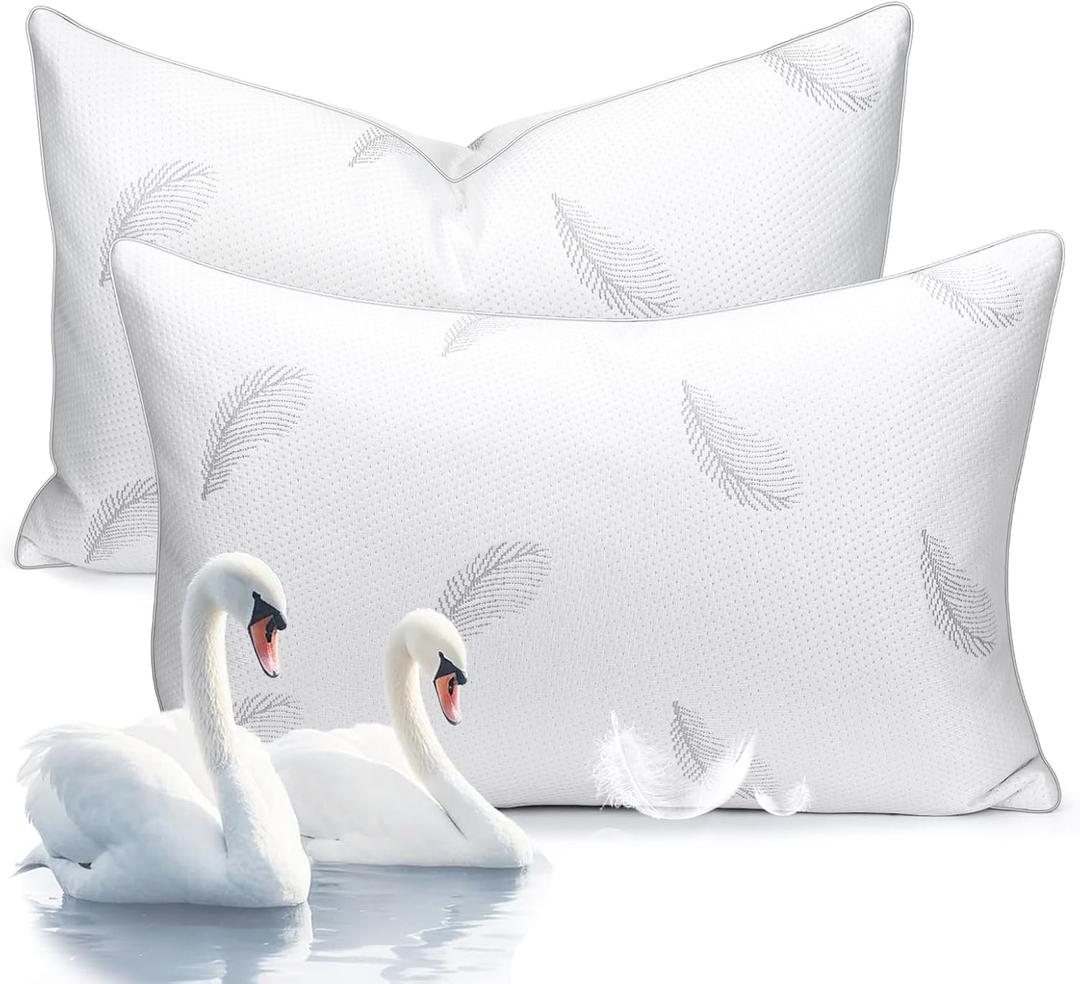 Goose Feather Pillows Bed Pillow - Hotel Down Pillows Queen Size Set of 2, Fluffy Support Surround Fill Polyester for Back, Stomach, Side Sleepers, Breathable & Soft Bed Pillow for Sleeping