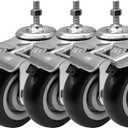 FactorDuty 4 Inch Black Caster Wheel with Brake Dual Locking 3/8"-1.2" Threaded Stem Mount Caster Wheel Polyurethane Wheels Premium Non Marking No Noise 300LB Per Wheel (Pack of 4)