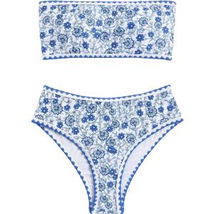 WDIRARA Women's Floral Print Strapless Lace Up Bikini Swimsuit 2 Piece Bathing Suit (Medium, Blue and White)