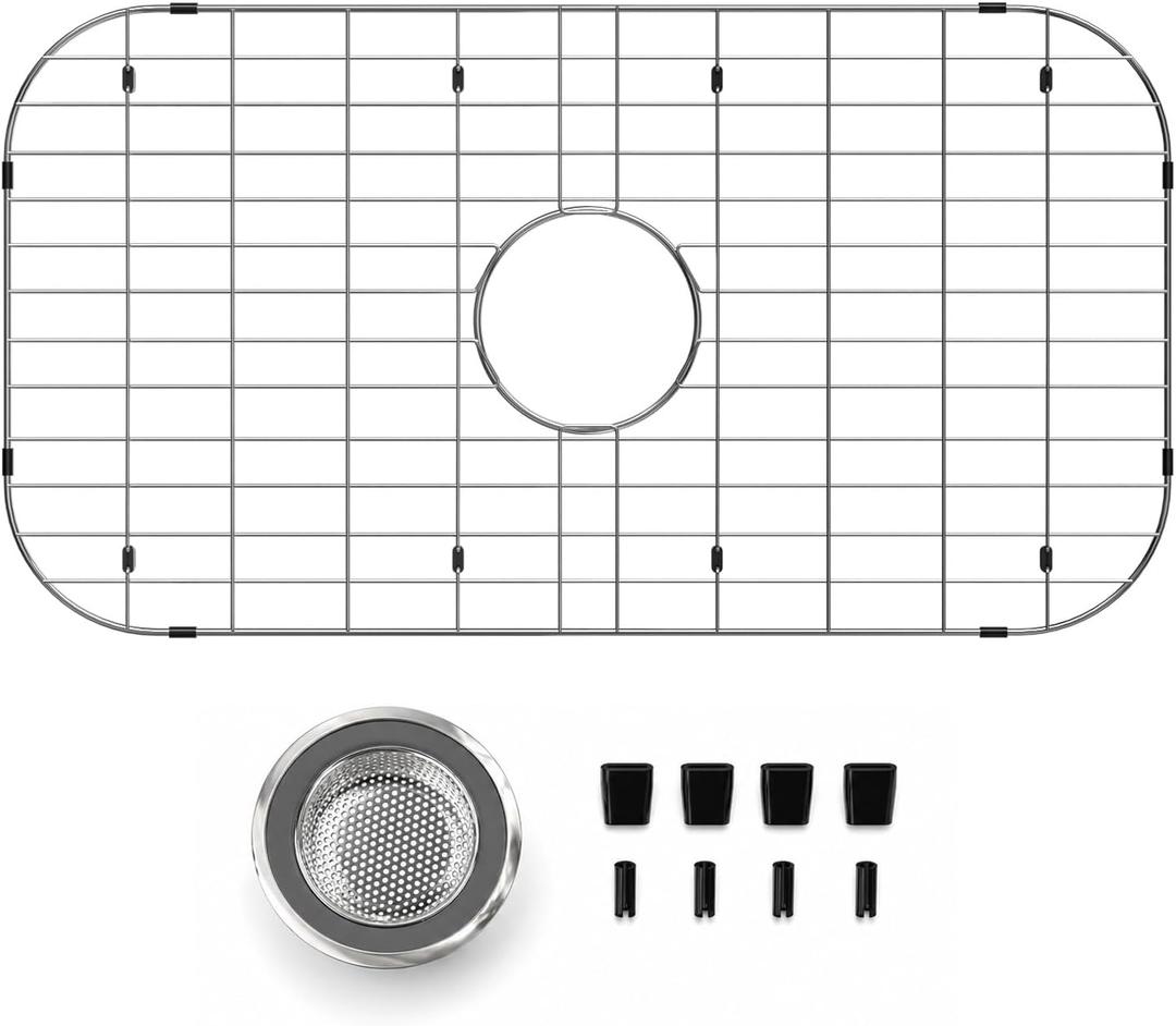 iPEGTOP Sink Bottom Grid 28"x 15", Stainless Steel Sink Protector Centered Drain with Round Corner Radius, Sink Grate for Bottom of Kitchen Single Sink Bowl with Hole, One-Piece