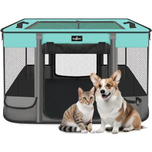 Paw Ballet Foldable Pet Kitten Playpen, Waterproof Portable Dog Cat Playpen Kennel Tent for Small Cat Dog, Retractable Shade Cover with Free Carrying Case, Indoor Outdoor Use for Small Animals, Black Teal 03, Medium(32''×24''×21.5'')