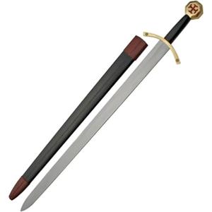SZCO 37" Knights Templar Sword Medieval Crusader Decorative Knight Sword with Black Leather Wrapped Handle & Matching Leather Scabbard for Adults, Cosplay & Display