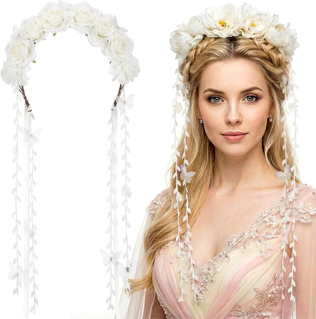 Syhood Flower Headband Floral Fairy Crown Adjustable Butterfly Flower Headpiece with Ribbon for Bridal Renaissance