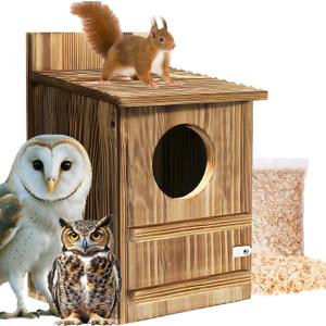 Squirrel Houses Owl House Bird Houses for Outside, Owl Box Birdhouses for Outdoors, Wooden Bird Nesting Boxes with Shavings for Wildlife Lovers, Easy Assembly Required, Brown
