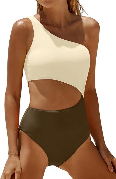 Women's One Piece Swimsuit One Shoulder Bathing Suit Cutout Tummy Control Swimwear Beige Brown S
