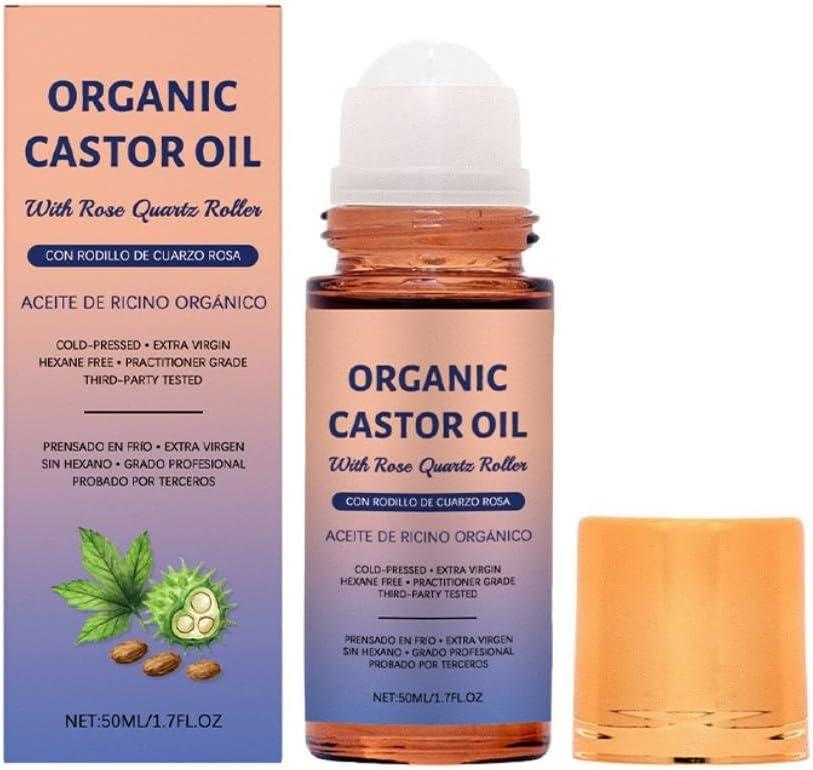 Organic Castor Oil Roll On, 100% Cold Pressed, with Rose Quartz Roller, for Brows, Lashes, Dry Skin & Face, Travel Friendly Leakproof Bottle (1p)