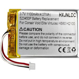 DC 3.7V 523450P 1100mah Battery Replacement for Corsair Void Elite RGB Corsair Virtuoso RGB Corsair HS80 Corsair Void Corsair Void Pro Corsair Void Pro RGB SE H2100 Wireless Headset