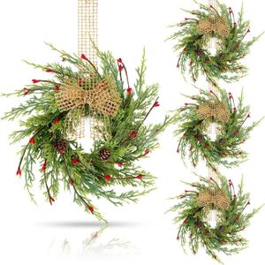 4 Pcs 9 Inch Christmas Wreaths for Kitchen Cabinet Artificial Cedar Pine Hanging Wreath with Red Berries Pine Needles for Front Door Xmas Swag Wreaths for Christmas Winter Farmhouse Home Decorations