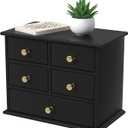 Oak Desk Organizer with Drawers, Durable Wooden Desktop Storage Box with Metal Handles & Non-Slip Silicone Pads, 5 Drawer Tabletop Organizer for Office, Bedroom, Bathroom, Vanity, and Makeup Black