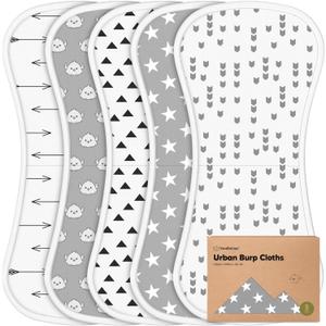 Organic Burp Cloths Baby Boy & Girl - 5-Pack Super Absorbent Cotton Burping Cloths for Babies, Soft & Plush Newborn Spit Up Rags, Infant Towels for Milk Spit Up, Unisex, Large 21" x 10" (Gray scape)