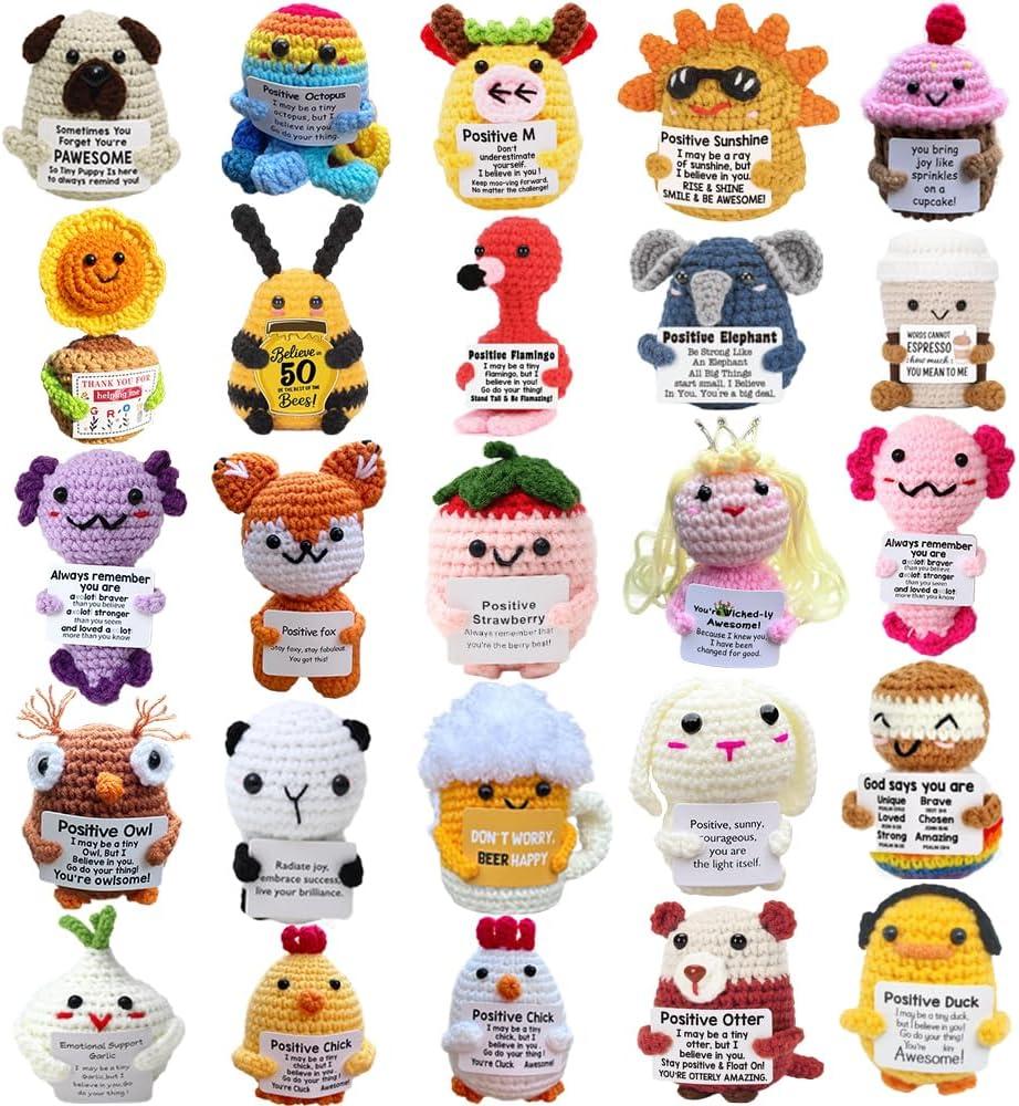 25PCS Positive Crochet Animals Bulk Easter Basket Stuffers Essentials, Emotional Crocheted Animals Anniversary Birthday Gifts for Women Men, Teacher Employee Appreciation Gifts for Cowoker Him Her Mom
