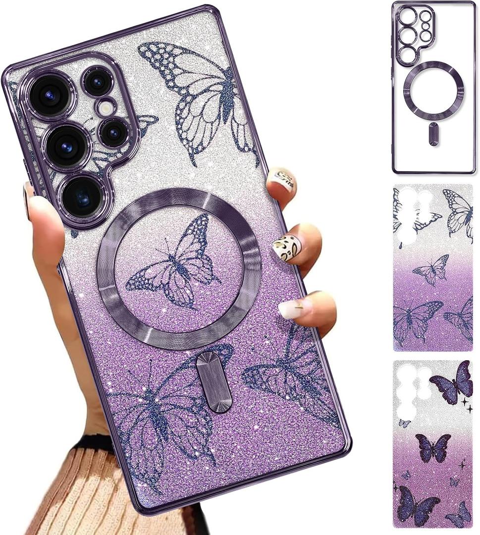 Case Fit for Samsung Galaxy S25 Ultra 6.9 Inch [Compatible with MagSafe] Glitter Bling Case [2 Pieces of Butterfly Design] Soft TPU Shockproof Anti-Scratch Phone Cover for Women - Purple
