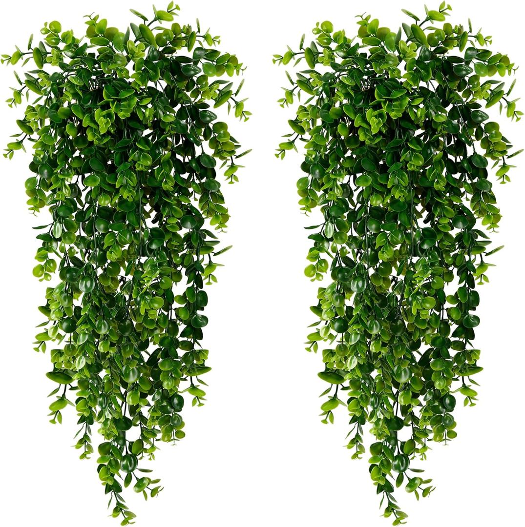 Sggvecsy 4 Pack Artificial Hanging Plants Fake Hanging Plant Faux Hanging Eucalyptus Plants UV Resistant Plastic Plants for Indoor Outdoor Room Wall Wedding Patio Porch Decor