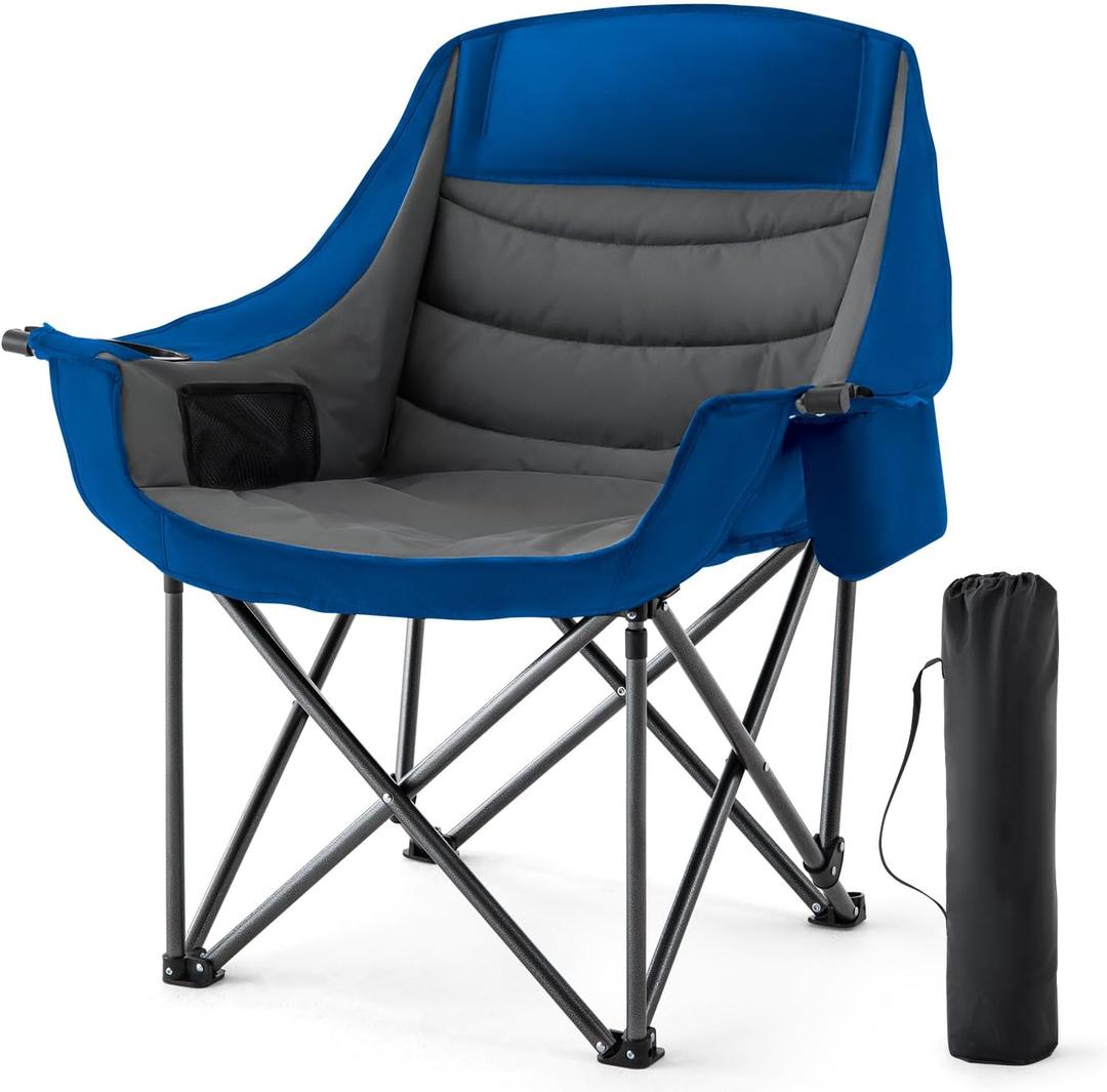 Oversized Camping Chair for Adults Heavy Duty 500lbs Support Portable Folding Padded Camping Chair with Cup Holder Cooler Pockets for Outdoor Beach Fishing Garden (Blue & Dark Gray), Single Pack