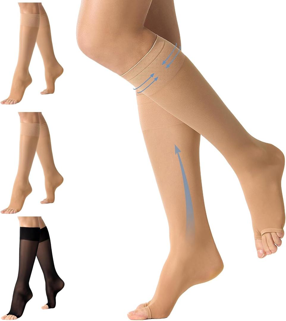 3 Pairs Open Toe Support Socks for Women Knee High Stockings 40D Nylons (S)
