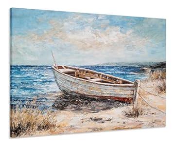 NdcSkyArt Rustic Coastal Canvas Wall Art - Hand Painted Boat Pictures with Blue Waves for Living Room, Bedroom, Bathroom and Farmhouse Décor