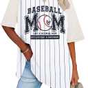 Baseball Mom Shirts for Women - Oversized V Neck Baseball Jersey Shirt Stripe Graphic Print Casual Tops Tees (Pink, L)