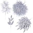 Winlyn 30 Pcs Christmas Artificial Leaf Sprays Cedar Picks Silver Glittered Christmas Tree Ornaments Winter Floral Stems for Sliver Christmas Tree Wreaths Centerpieces Holiday Wedding Decoration