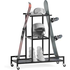 Standing Ski Storage Rack, Holds Snowboards & Skis, 3-Tier Organizer for Gear, Black - Ski Rack for Garage with Anti-Slipmat