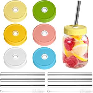 6 Plastic Pack Mason Jar Lids, Colorful Wide Mouth Mason Jar Drinking Lids Compatible for Mason Jar, Canning Ball Jars, with Straws and Cleaning Brush (JAR NOT INCLUDES)
