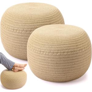Briwooody 2 Pcs Handmade Round Jute Low Pouf Ottoman - Braided Floor Seating Cushion, 16" x 16" x 8" Natural Fiber Foot Rest Stool, Boho Decor for Living Room, Bedroom, and Patio