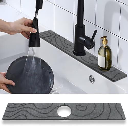 FUYAHA Kitchen Sink Splash Guard - Kitchen Faucet Mat, Diatomaceous Earth Kitchen Sink, Faucet Handle Drip Catcher, Bathroom Sink Faucet Mat for Countertop (23.62 * 3.93 in, Grey)